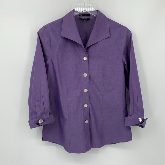 Foxcroft Non-Iron Fitted fit Shirt blouse top purple button front flipped cuff 4 - Picture 1 of 4